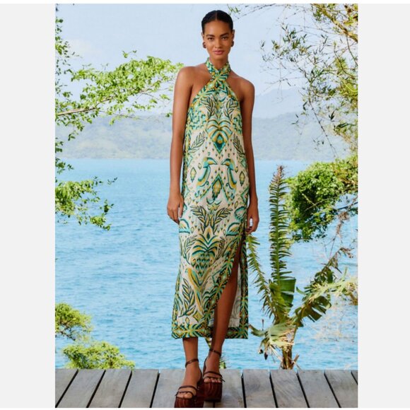 Farm Rio Tropical Tapestry Off-White Halter Neck Maxi Dress - Picture 1 of 9